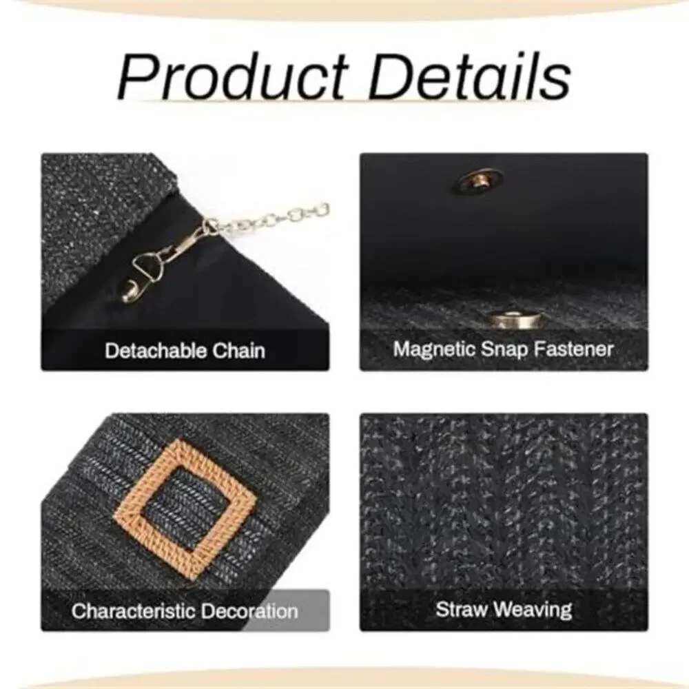 Woven Straw Clutch Purse Rattan Beach Evening Handbag Women Black